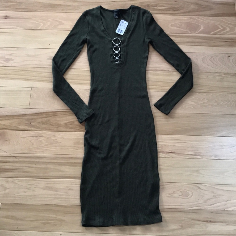F21 NWT midi dress, metal ring detail, olive green